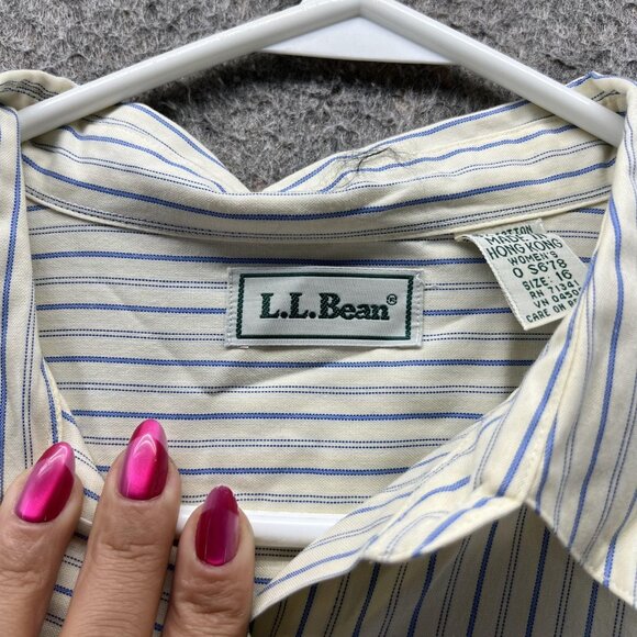 Vintage LL Bean Shirt Womens 16 Blue Striped Long Sleeve Button Hong Kong 90s - Picture 4 of 10